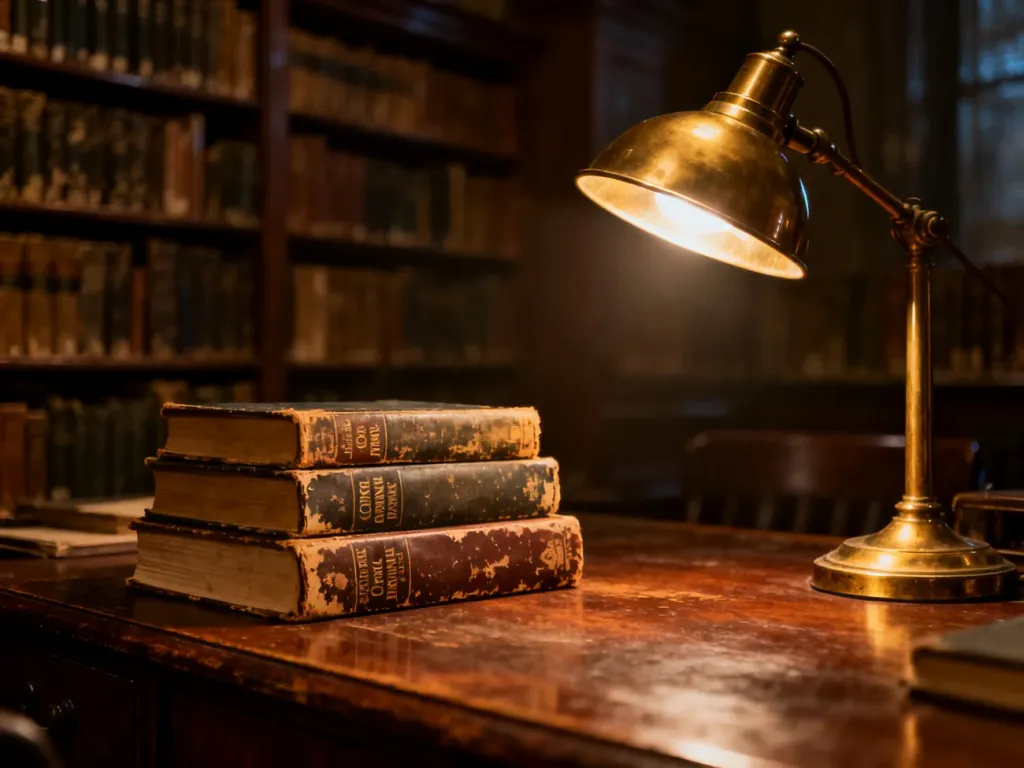 Stos starych kryminałów na drewnianym biurku w klimatycznej bibliotece, podkreślający atmosferę literatury detektywistycznej.