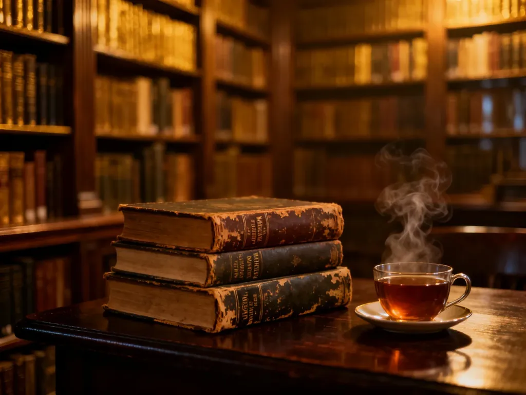 Stos książek kryminalnych na drewnianym stole przy filiżance herbaty w przytulnej bibliotece.