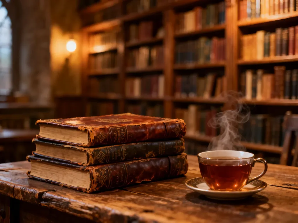 Stos książek fantasy na drewnianym stole obok parującej herbaty w przytulnej bibliotece.