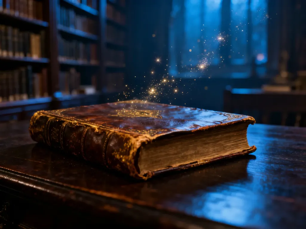 Stara, skórzana księga leżąca na drewnianym stole w klimatycznej bibliotece z unoszącymi się drobinkami magii.