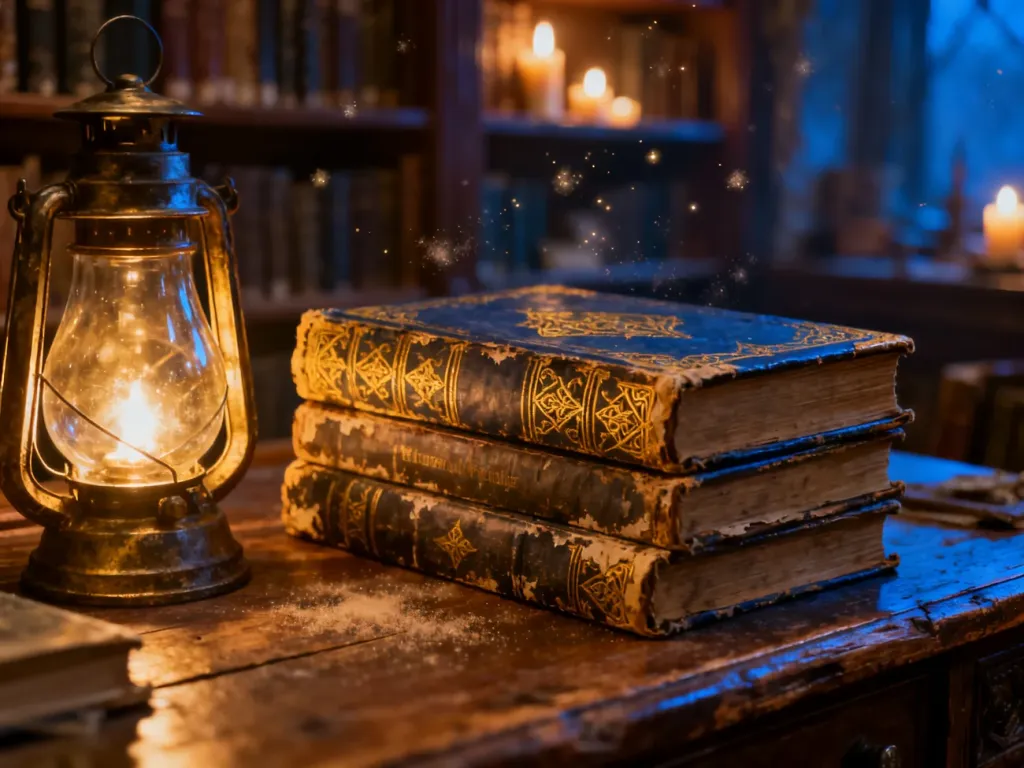 Stos książek fantasy ze złotymi zdobieniami na grzbietach, oświetlony blaskiem zabytkowej latarni w przytulnej bibliotece.