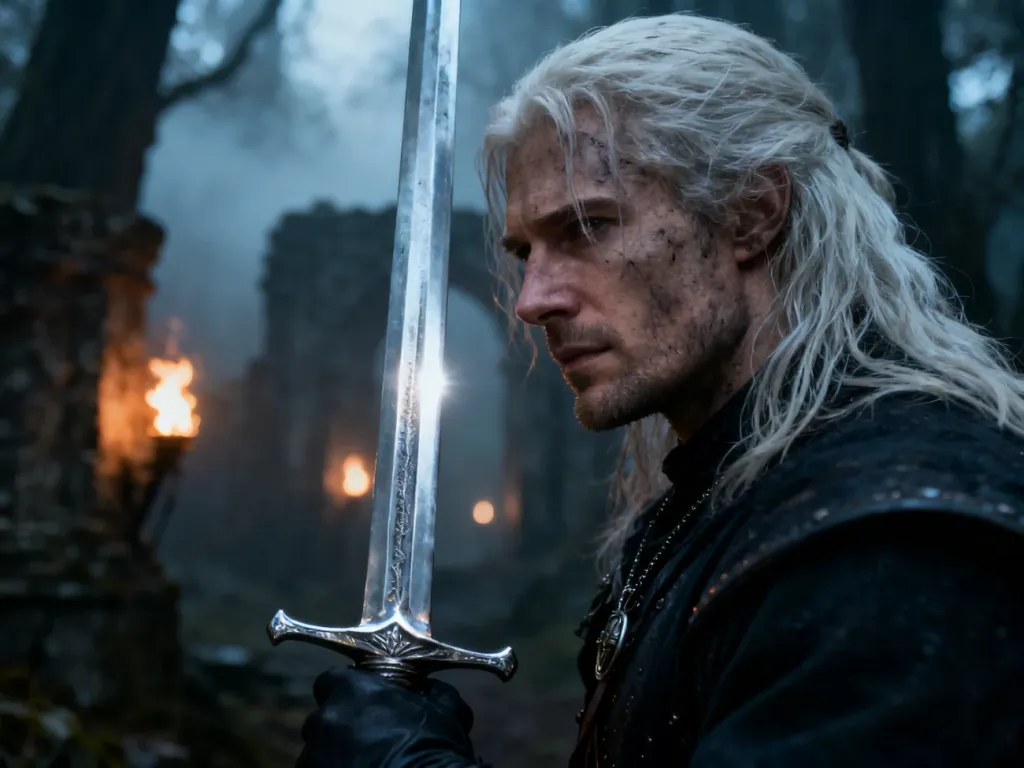 Geralt z Rivii z mieczem na tle mrocznego, zamglonego lasu w klimacie świata Wiedźmina.