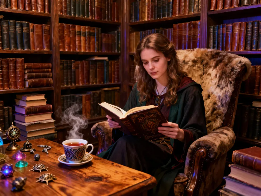 Kobieta w przytulnej bibliotece czyta książkę fantasy w otoczeniu magicznych przedmiotów i regałów z literaturą.